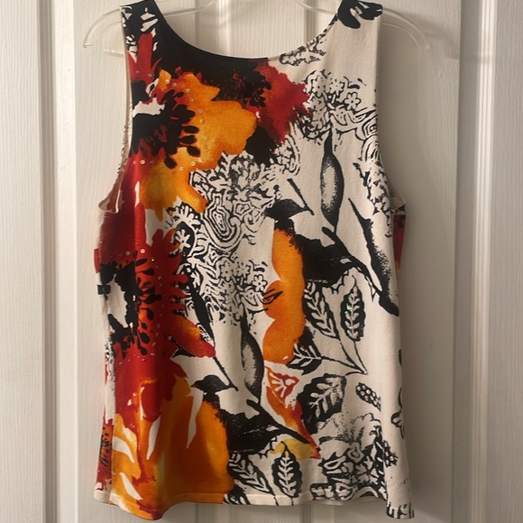 Chico's silk blend cream orange red black v-neck floral print and sequins shell - Picture 7 of 7